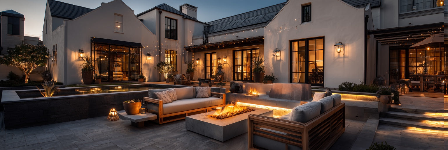 luxury outdoor evening living with fire table patio heaters architectural lighting and premium outdoor lounge seating in modern backyard
