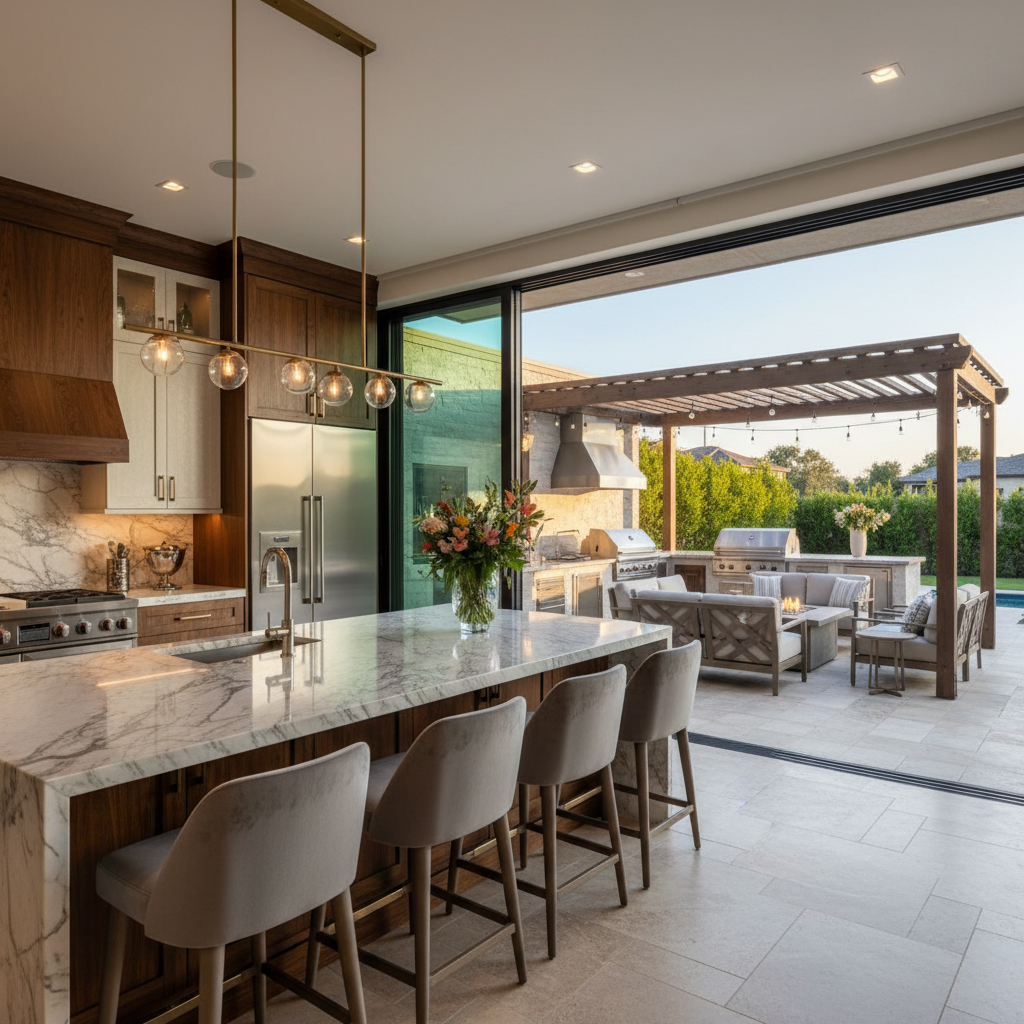 generate me an image in 1:1 format of a beautiful elegant indoor kithn with an islad and a view to th eoutdoor patio ehere ther esi a covered outdoo rkithcend. and entertainemtn area